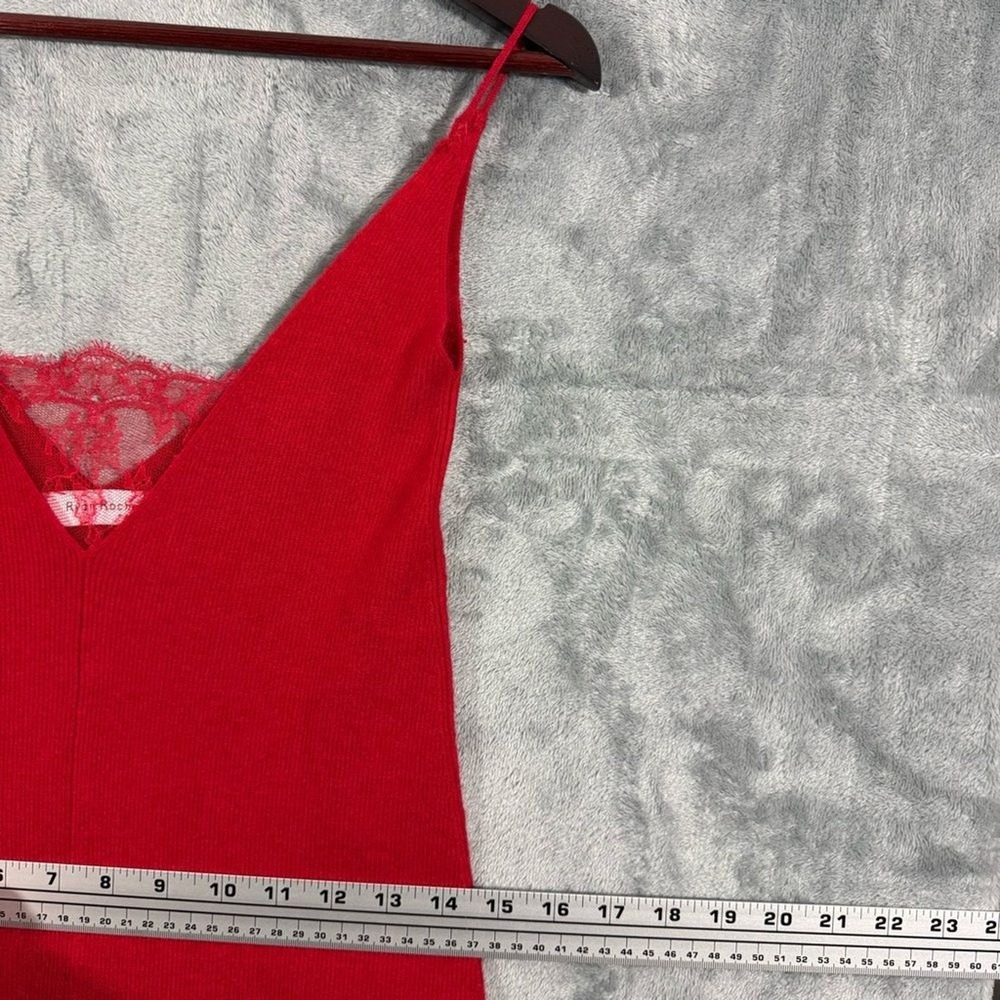Ryan Roche Ribbed Knit Red Dress Lace Trim V-Neck Womens Small Knee Length - Picture 9 of 14